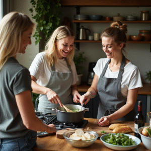 Three women happily cooking together in a cozy kitchen, preparing a meal with fresh ingredients, as they follow a shared recipe, with bowls of salad, bread, and wine visible on the wooden counter.