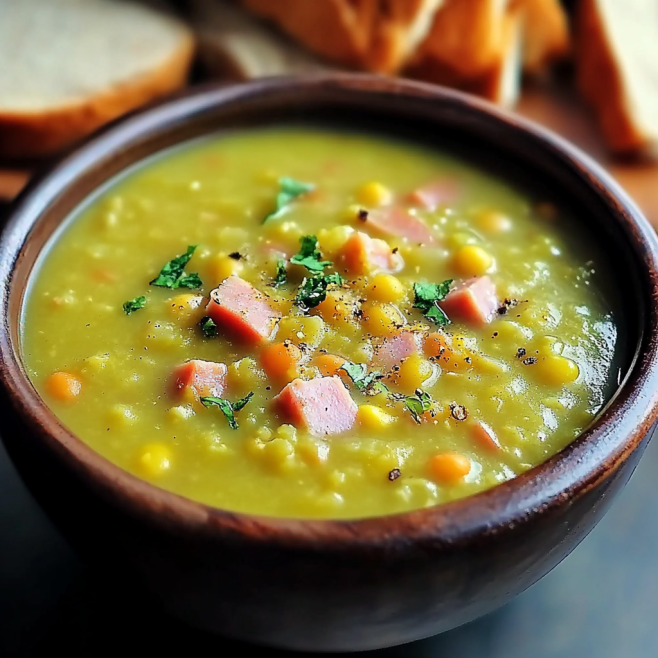 Creamy Split Pea Soup with Savory Ham and Aromatic Spices